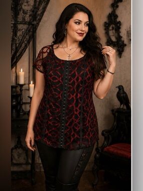 Avenue Plus Gothic Corset Mesh Top | Red Black Alternative Lace Blouse 14/16